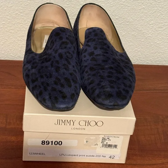 Jimmy Choo Navy Leopard Print Loafers - Picture 2 of 5